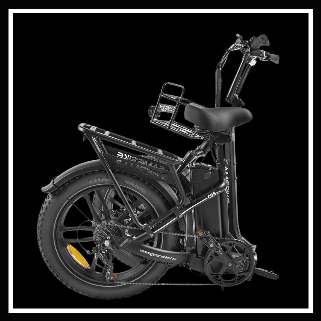 SAMEBIKE C05 PRO electric bike in a sleek black design with folding frame and fat tires, ideal for commuting.