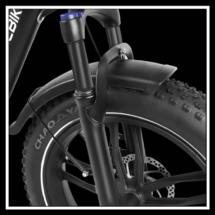 Focus on the front fork and tire of the SAMEBIKE C05 PRO electric bike, showcasing its robust design.