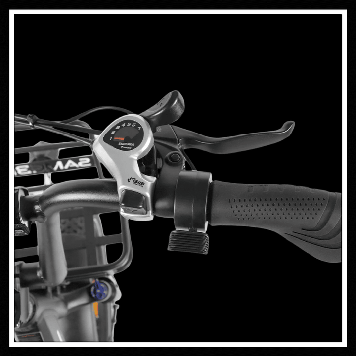 SAMEBIKE C05 PRO electric bike handlebar with controls and grips, showcasing its modern design and features.