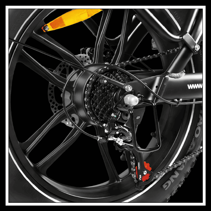 Close-up of a SAMEBIKE C05 PRO electric bike rear wheel showcasing the gear system and wheel design.