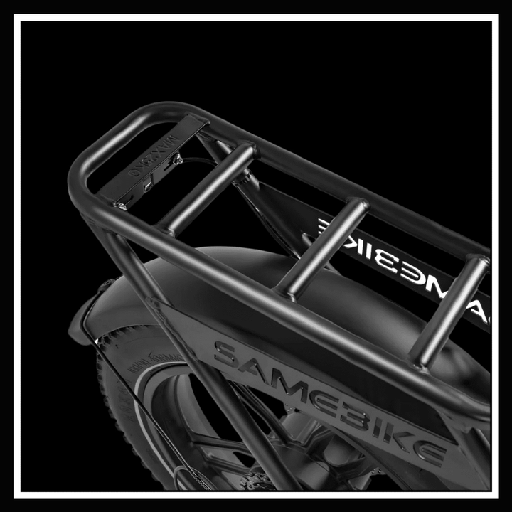 alt_tag: Samebike C05 Pro electric bike rear rack detail with logo against a black background.