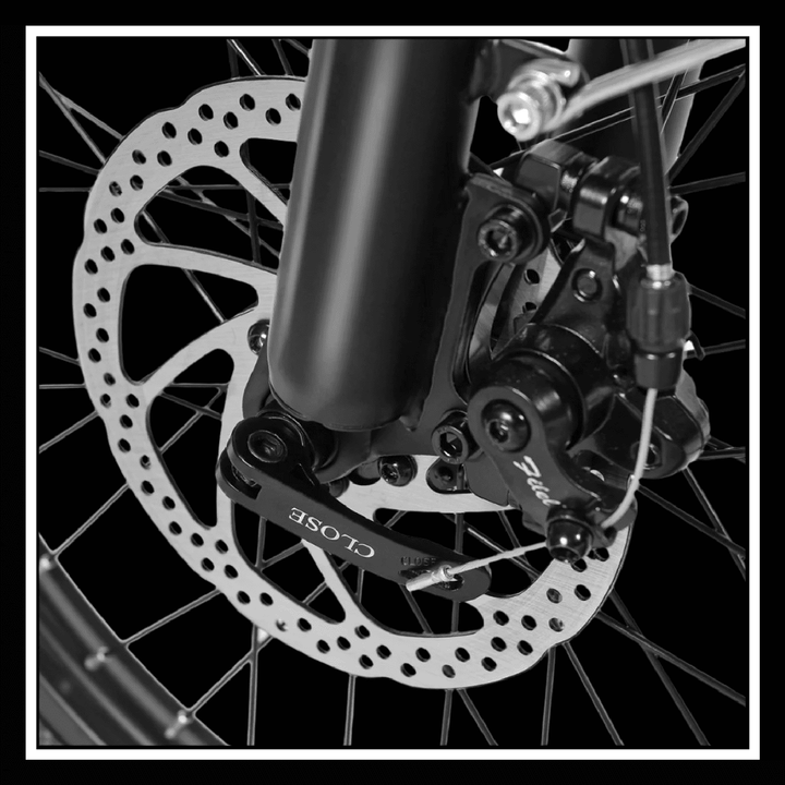 SAMEBIKE CY20 electric bike front disk brake detail showing high-quality braking system components.