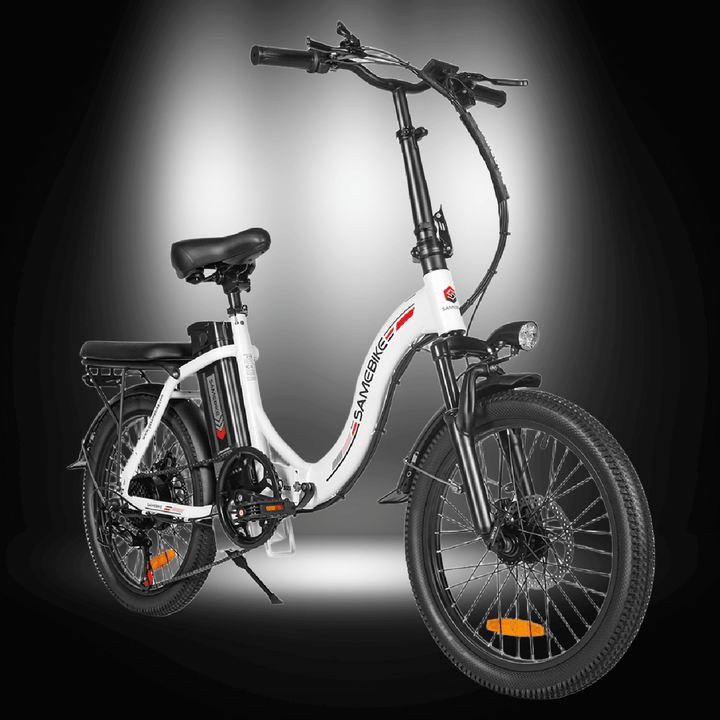 SAMEBIKE CY20 electric bike showcasing its foldable design and dual suspension features.