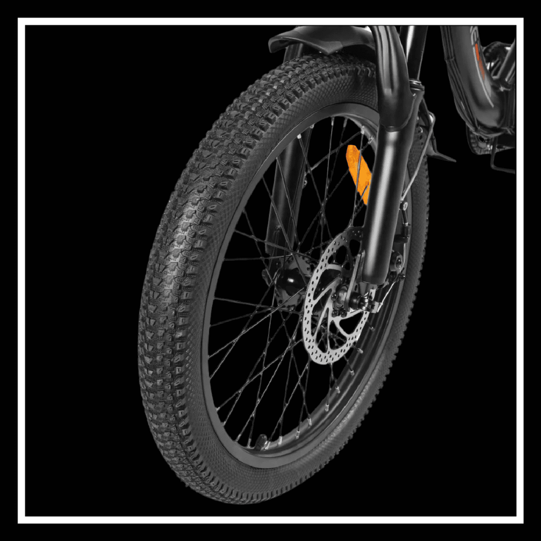 SAMEBIKE CY20 electric bike front wheel with durable tire and disc brake, showcasing versatility for urban commuting.