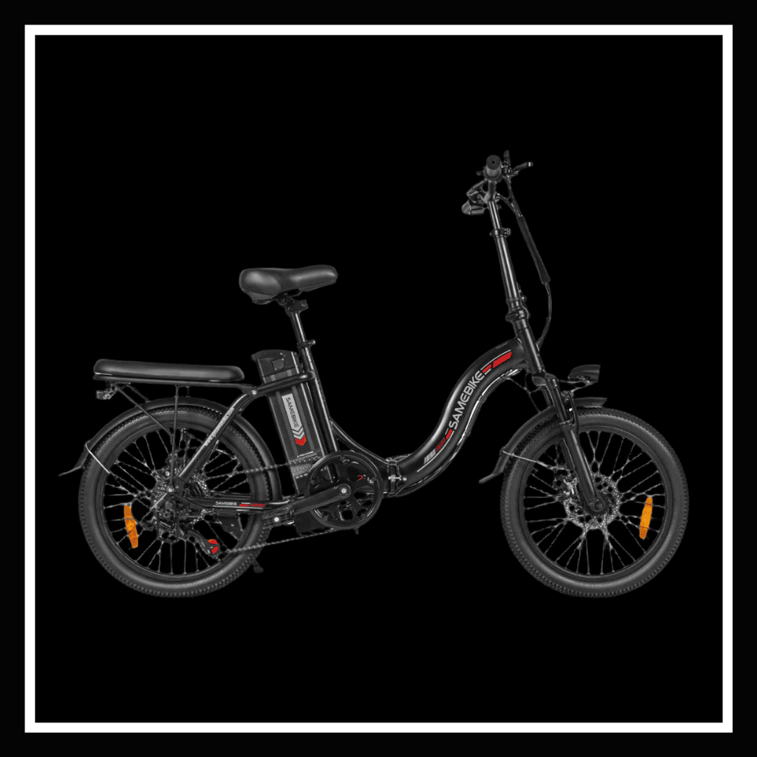 🇮🇪🇪🇺🇺🇸🇬🇧 SAMEBIKE CY20 electric bike in black, featuring a foldable design and dual suspension for comfort.