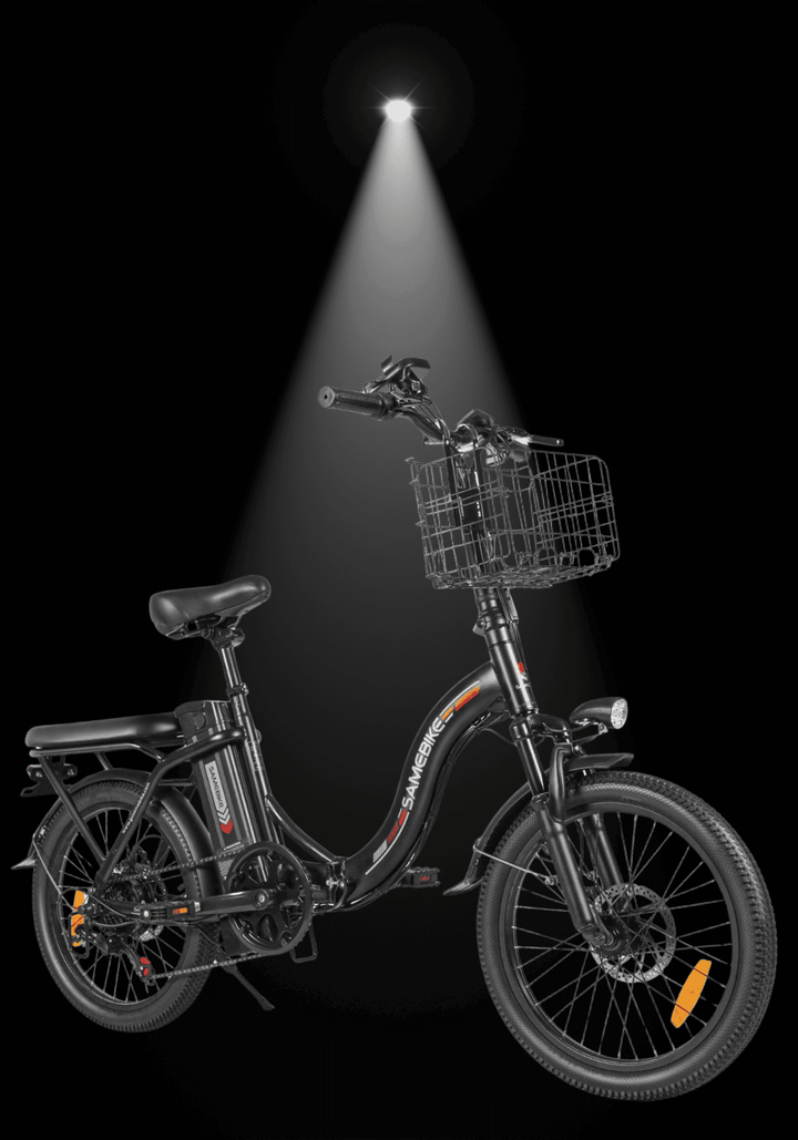 alt_tag: SAMEBIKE CY20 electric bike with a foldable design, spotlighting its basket and sleek structure.
