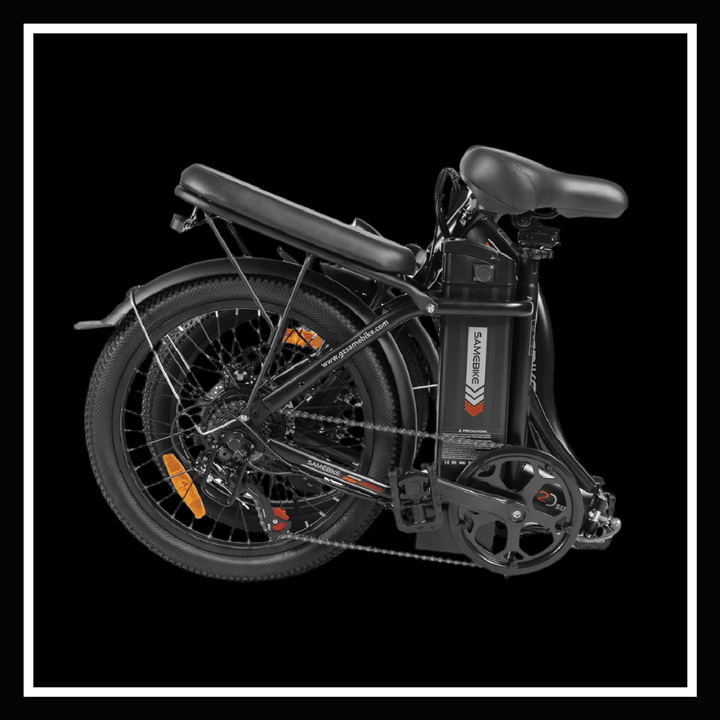 Folded SAMEBIKE CY20 electric bike showcasing its compact design for easy transport and storage.