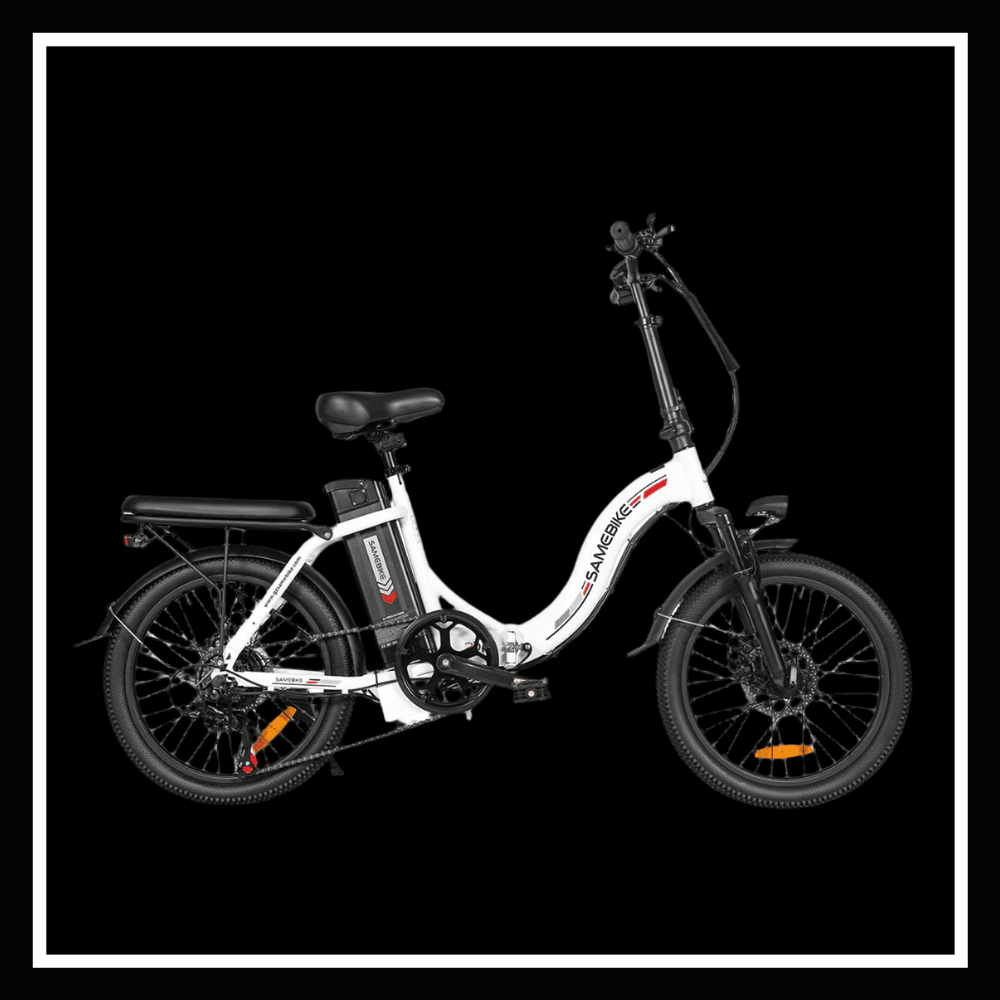 alt_tag: SAMEBIKE CY20 electric bike with foldable design and dual suspension for urban commuting.