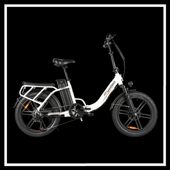 SAMEBIKE CY20 Pro Electric Bike side view against a black background, showcasing its compact and portable design.