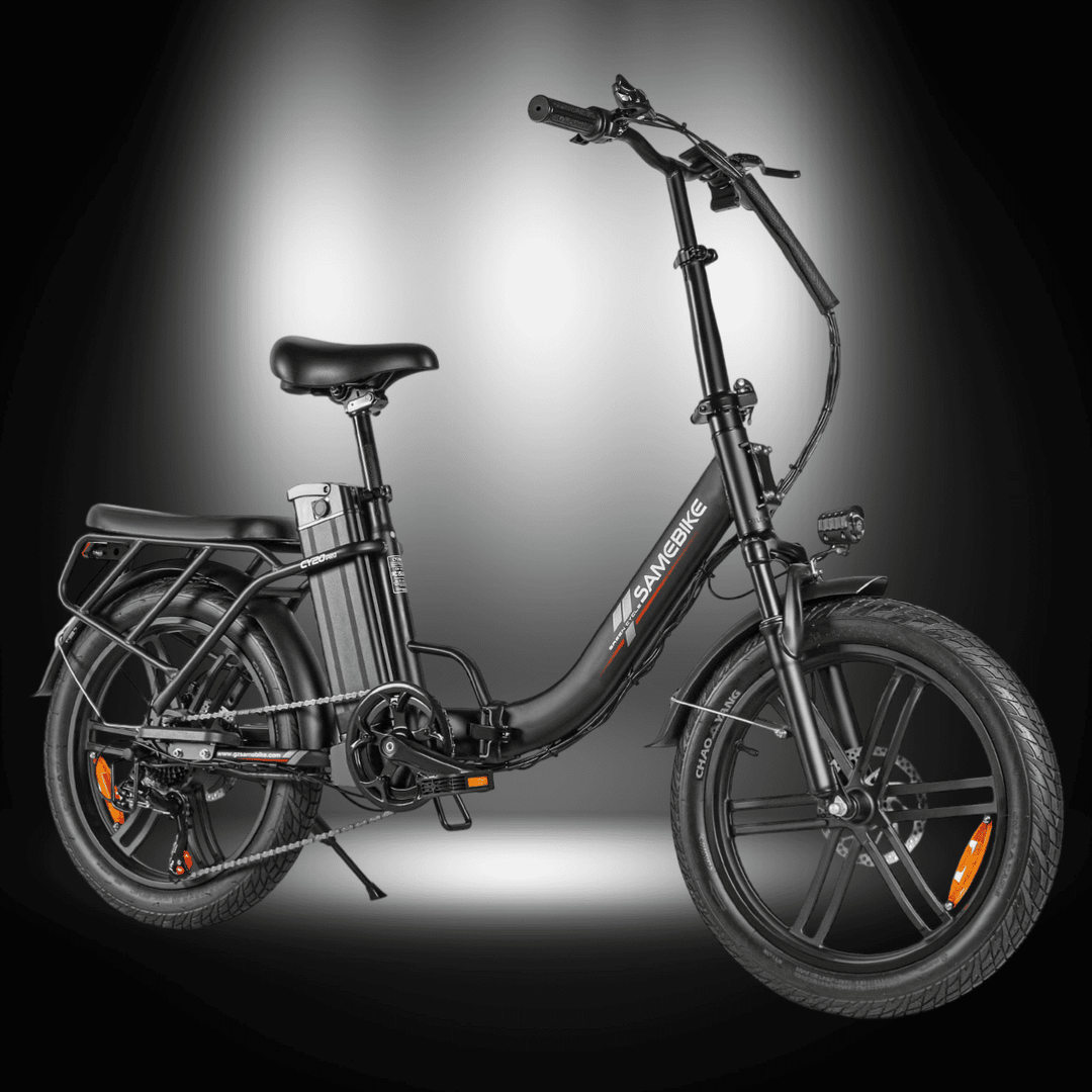 SAMEBIKE CY20 Pro Electric Bike showcasing its compact folding design and sleek black frame.