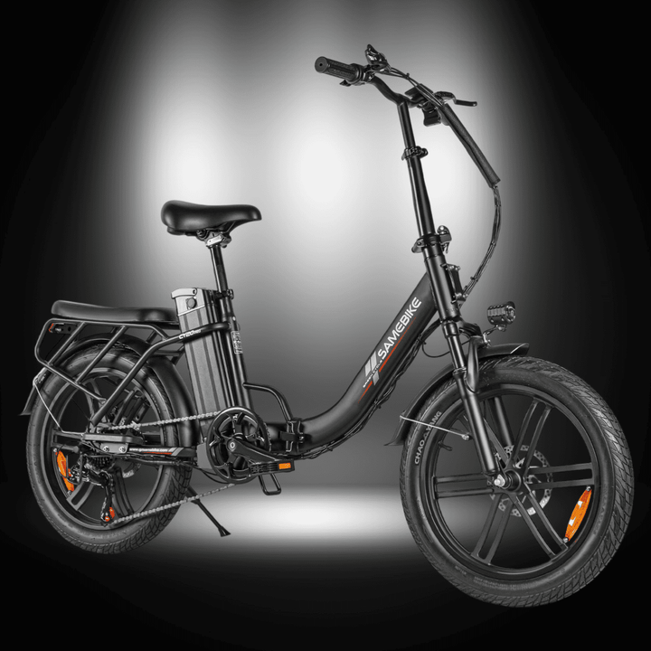 SAMEBIKE CY20 Pro Electric Bike showcasing its compact folding design and sleek black frame.