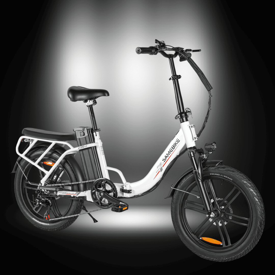 SAMEBIKE CY20 Pro Electric Bike showcasing its compact design and features for urban commuting.