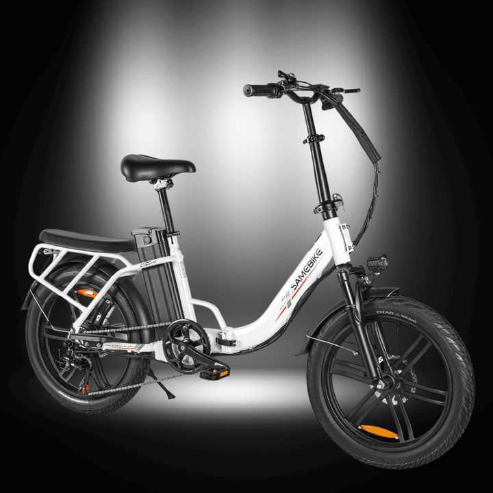 SAMEBIKE CY20 Pro Electric Bike showcasing its compact design and features for urban commuting.