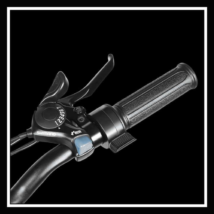 SameBike CY20 handlebar controls featuring Shimano components for enhanced riding experience.