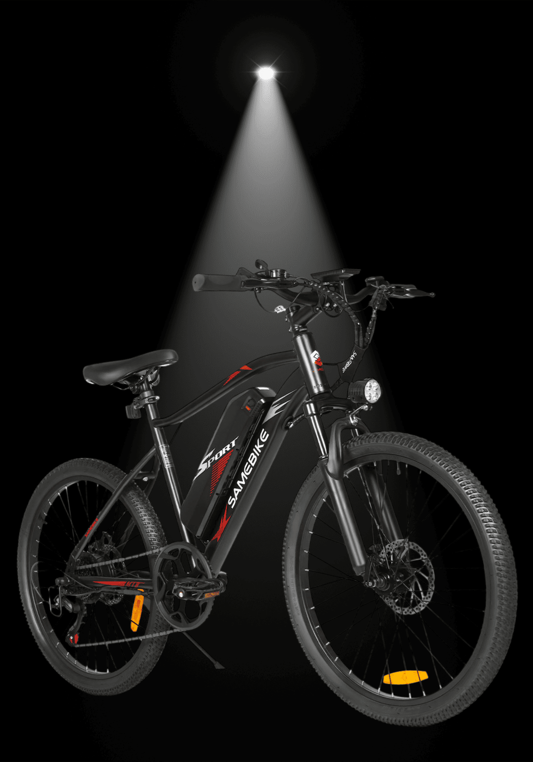 SAMEBIKE EBE2 Mountain Electric Bike showcased under spotlight in sleek black design.