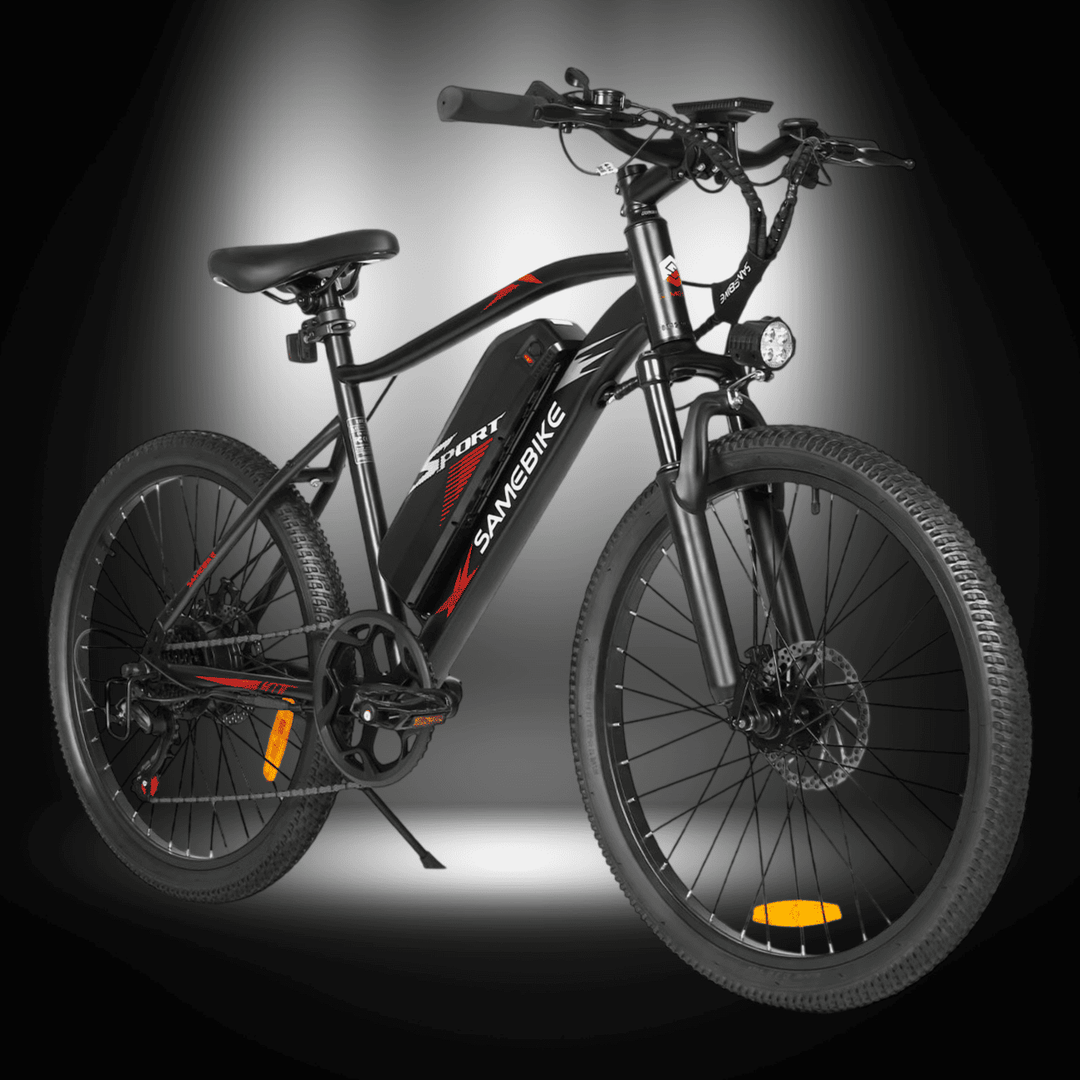 SAMEBIKE EBE2 Mountain Electric Bike in black, showcasing its design and features.