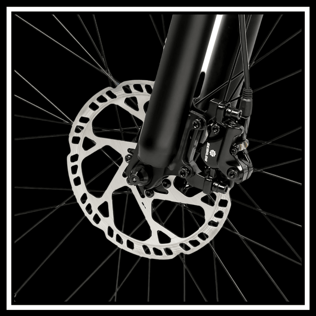 Close-up of the dual disc brakes on the 🇮🇪🇪🇺🇬🇧 SAMEBIKE LO26 PLUS 1000W electric bike for enhanced stopping power.