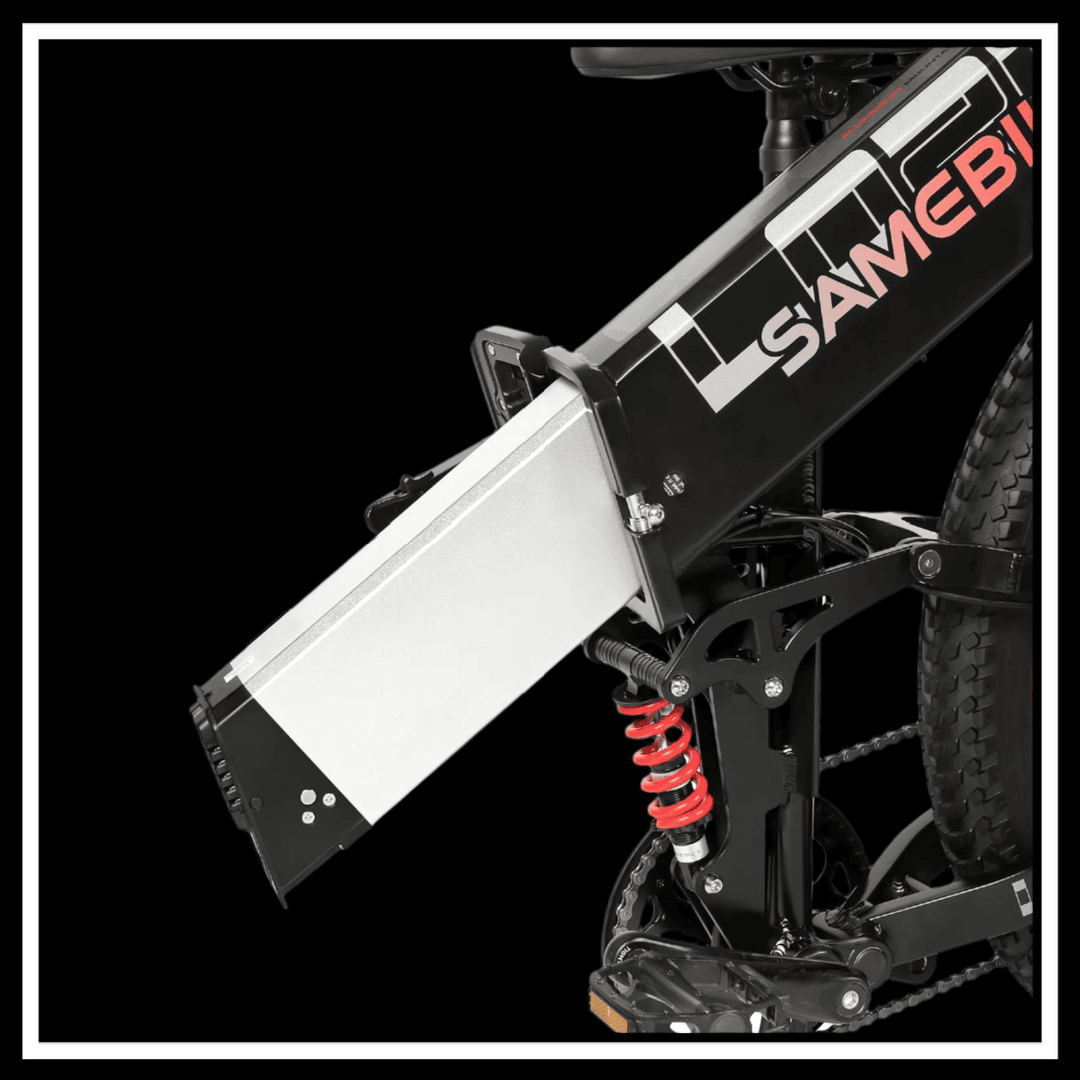 🇮🇪🇪🇺🇬🇧 SAMEBIKE LO26 PLUS 1000W electric bike battery pack and mount close-up view.