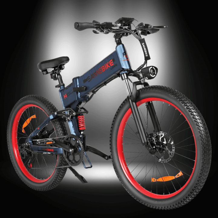 SAMEBIKE LO26 PLUS 1000W ELECTRIC BIKE showcased with a sleek design and rugged tires in a dramatic lighting setup.