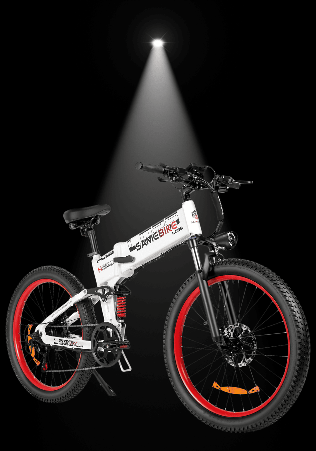 SAMEBIKE LO26 PLUS 1000W ELECTRIC BIKE displayed under spotlight on a dark background.