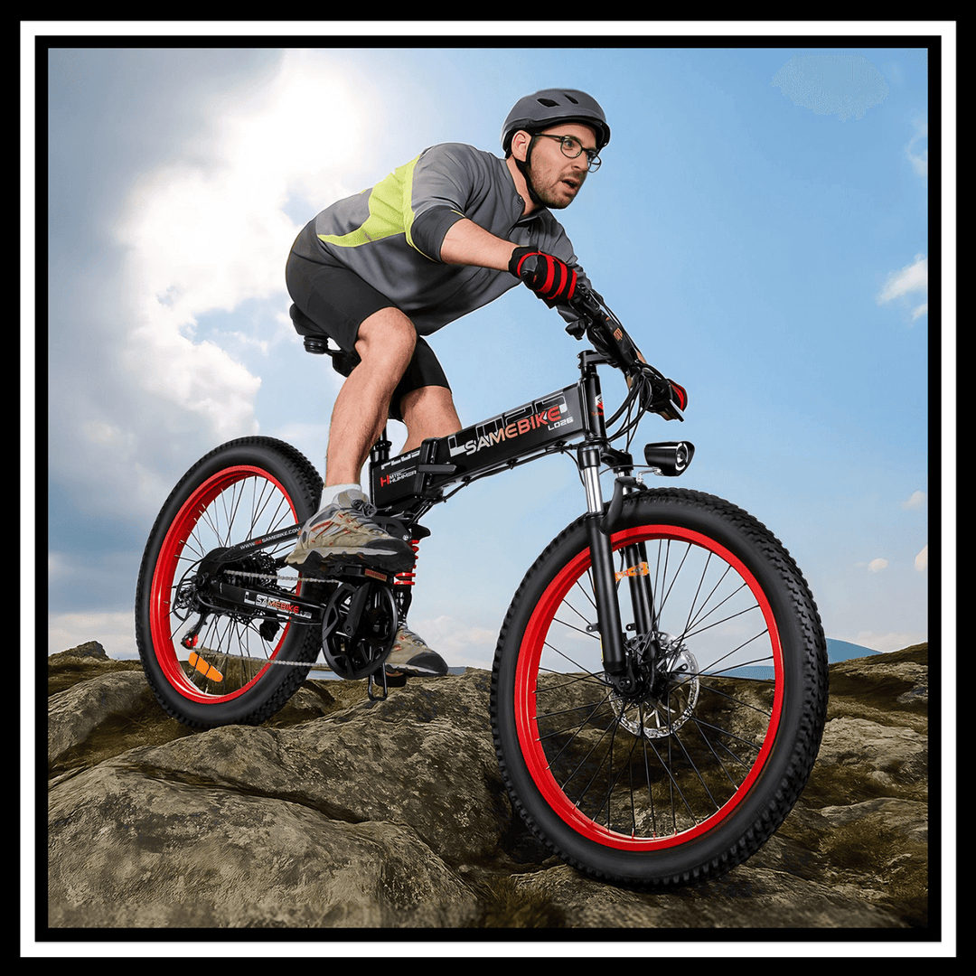 Samebike LO26 Plus 1000W electric bike in action on rocky terrain with rider.