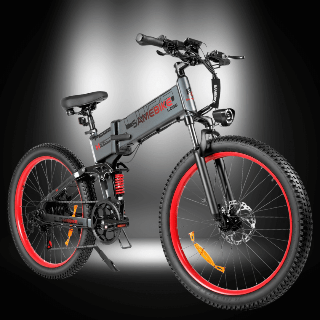 SAMEBIKE LO26 PLUS 1000W ELECTRIC BIKE showcased against a dramatic background with striking red accents.