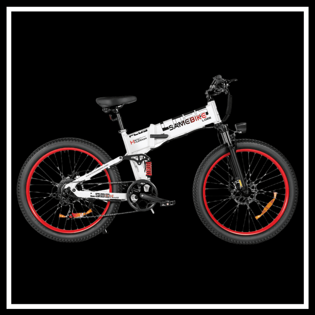 🇮🇪🇪🇺🇬🇧 SAMEBIKE LO26 PLUS 1000W folding electric bike with rugged tires and adjustable suspension in black background.