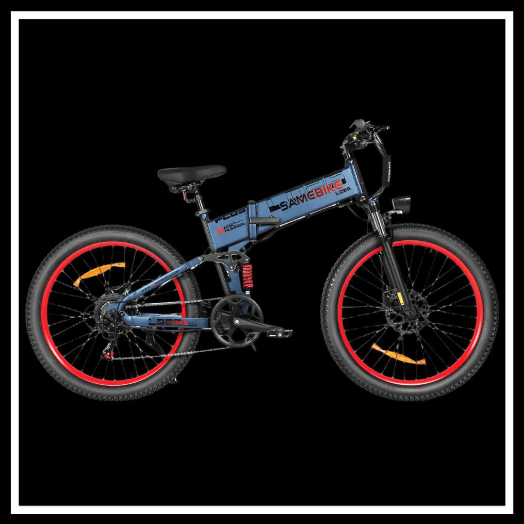 🇮🇪🇪🇺🇬🇧 SAMEBIKE LO26 PLUS 1000W electric bike with rugged tires and foldable design on a black background.