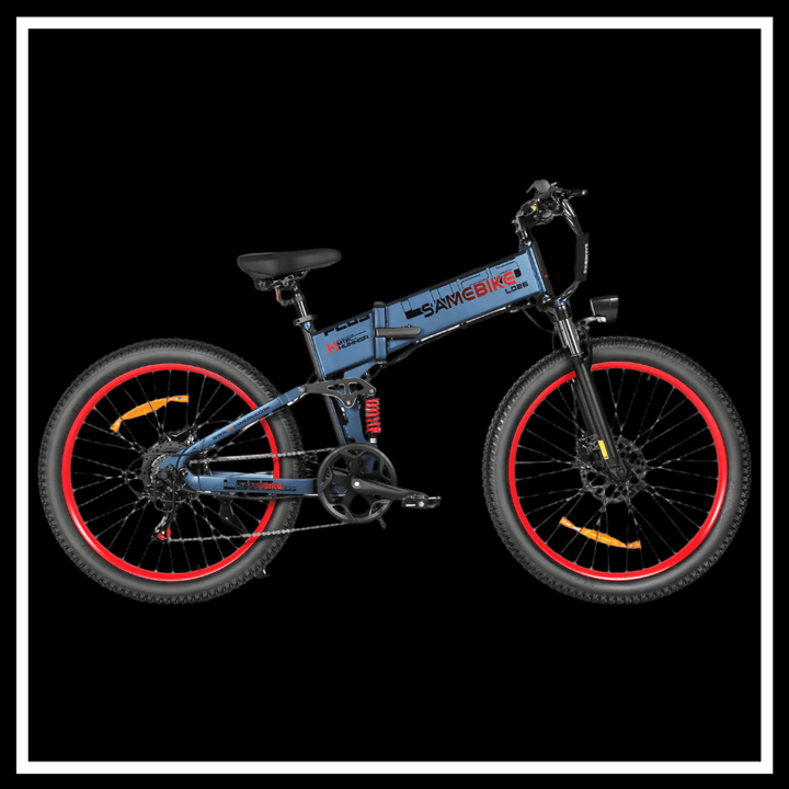 🇮🇪🇪🇺🇬🇧 SAMEBIKE LO26 PLUS 1000W electric bike with rugged tires and foldable design on a black background.