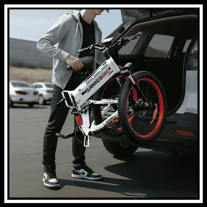User loading the 🇮🇪🇪🇺🇬🇧 SAMEBIKE LO26 PLUS 1000W folding electric bike into a vehicle.