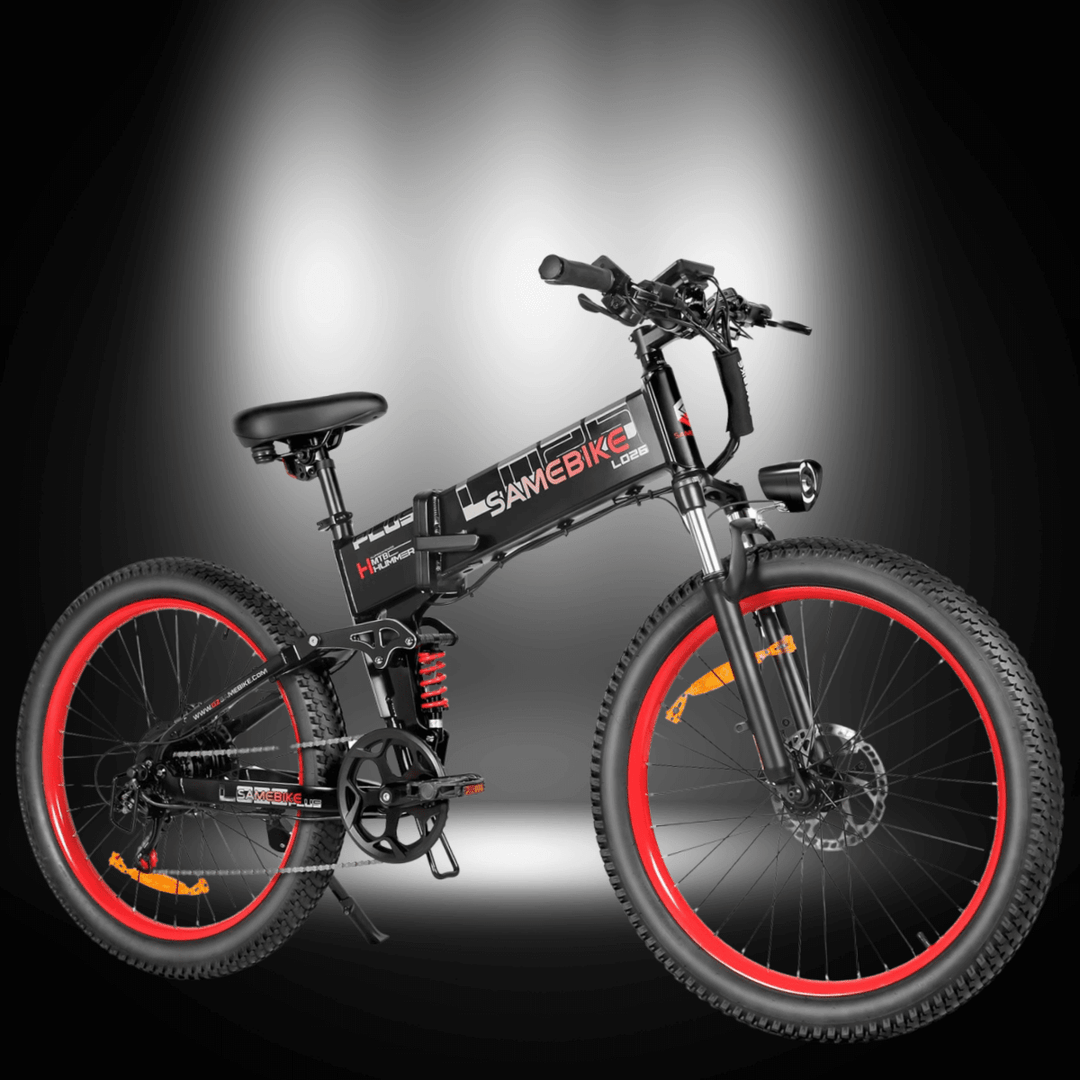 SAMEBIKE LO26 PLUS 1000W folding electric bike with rugged tires and adjustable front suspension.