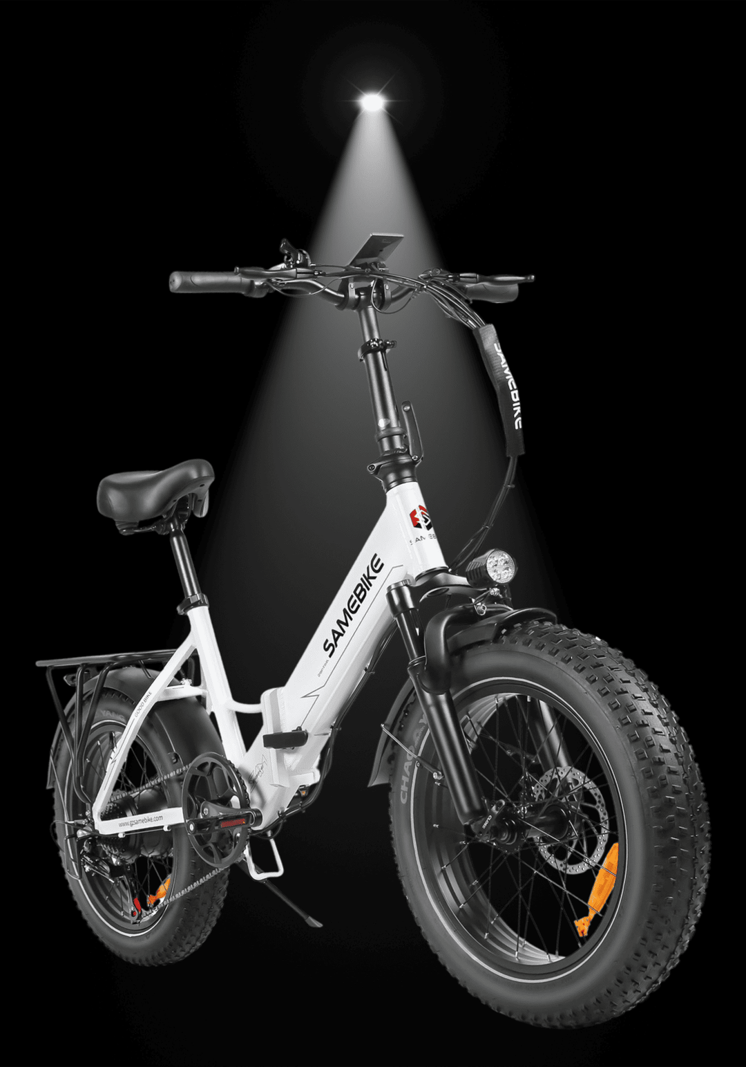 SAMEBIKE LOTDM200 II lightweight folding bike with 750W motor, illuminated against a dark background.