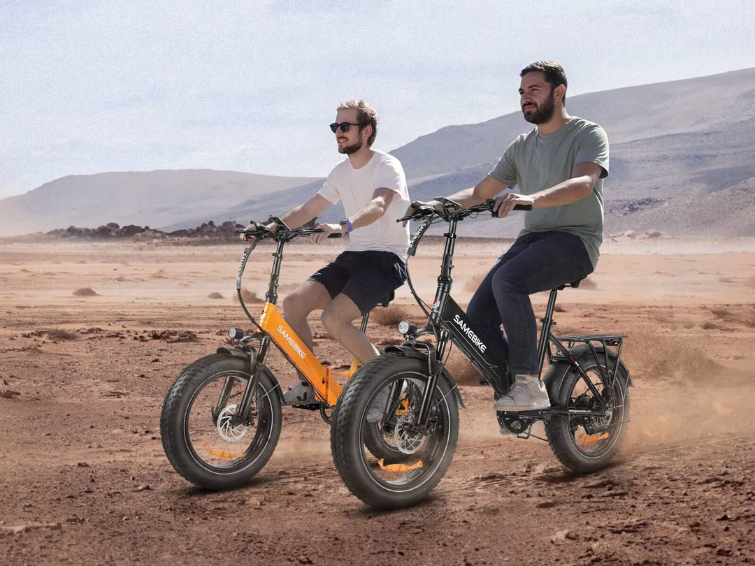 Two men riding the SAMEBIKE LOTDM200 II electric bikes on a rocky terrain.