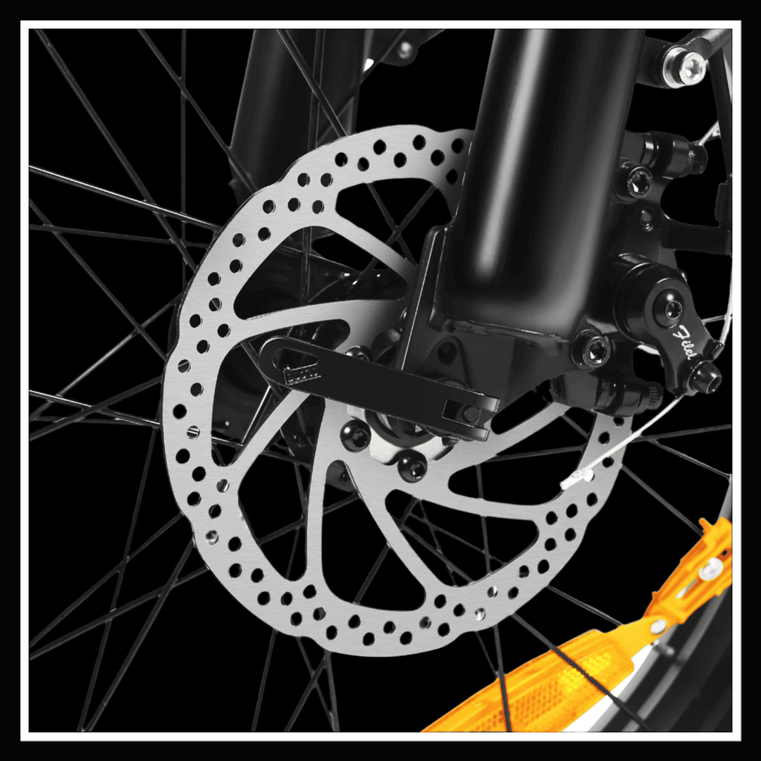 Close-up of the brake disc on SAMEBIKE LOTDM200 II electric bike showcasing its design and performance features.