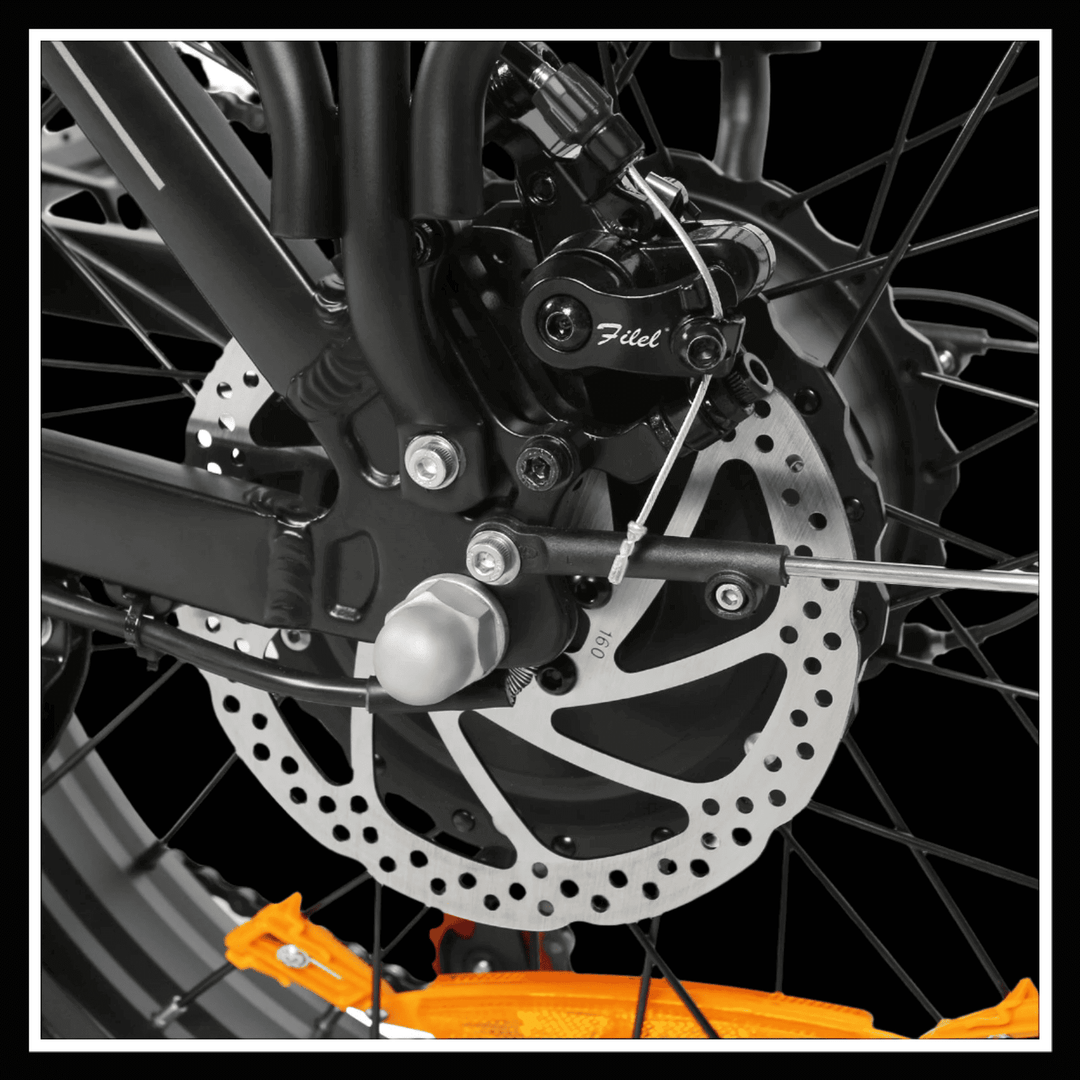 Close-up of SAMEBIKE LOTDM200 II electric bike brake system and fat tire, highlighting superior design and performance.