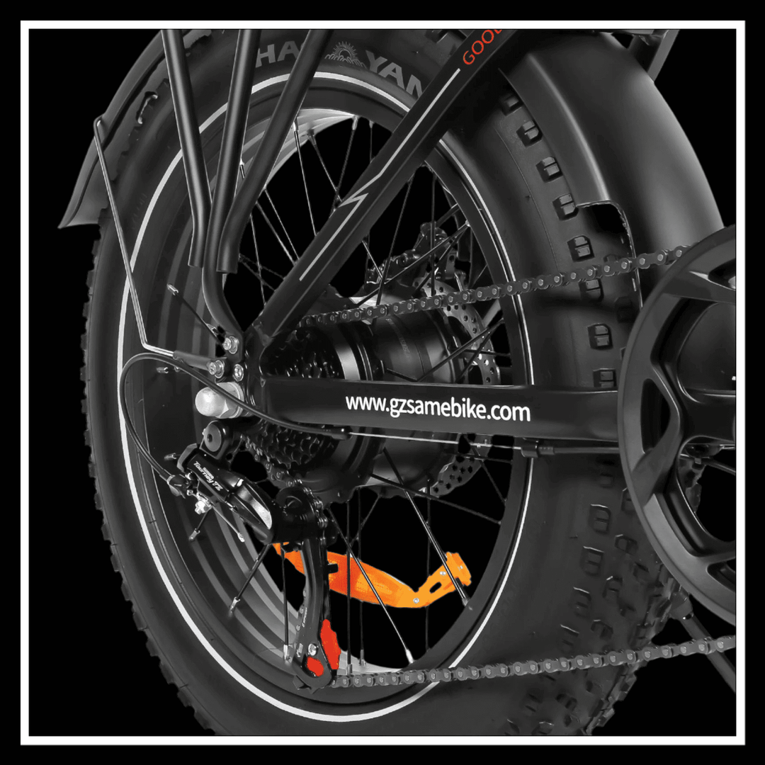 Close-up of the rear wheel and motor of the SAMEBIKE LOTDM200 II electric bike with fat tires.