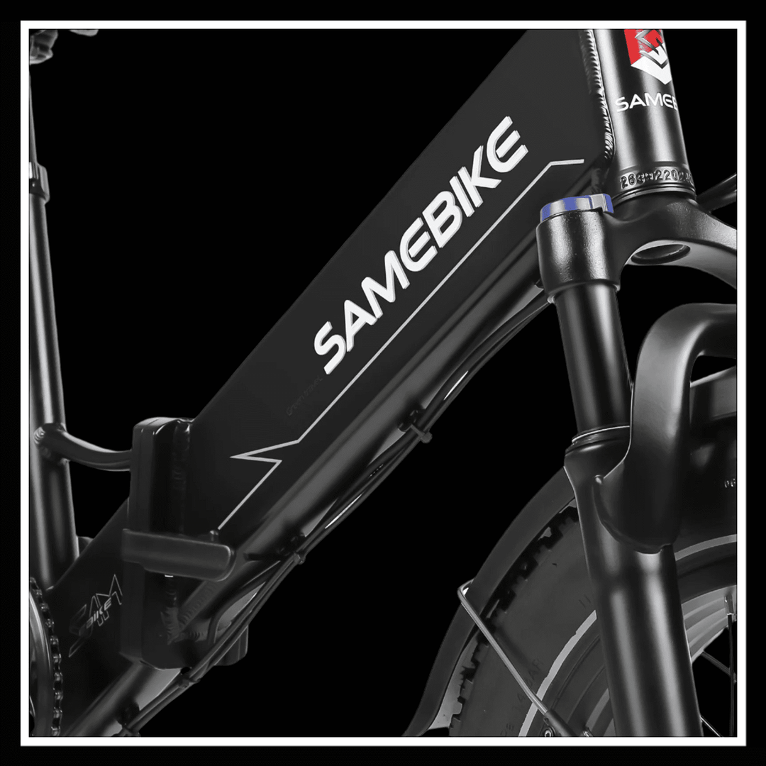 Image of SAMEBIKE LOTDM200 II electric bike frame showcasing branding and design details.