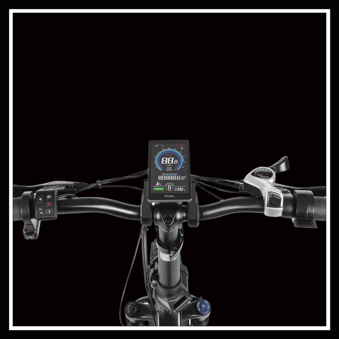 SAMEBIKE LOTDM200 II electric bike display showing speed and battery level on handlebars.
