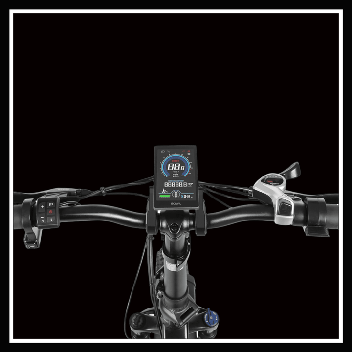 SAMEBIKE LOTDM200 II electric bike display showing speed and battery level on handlebars.