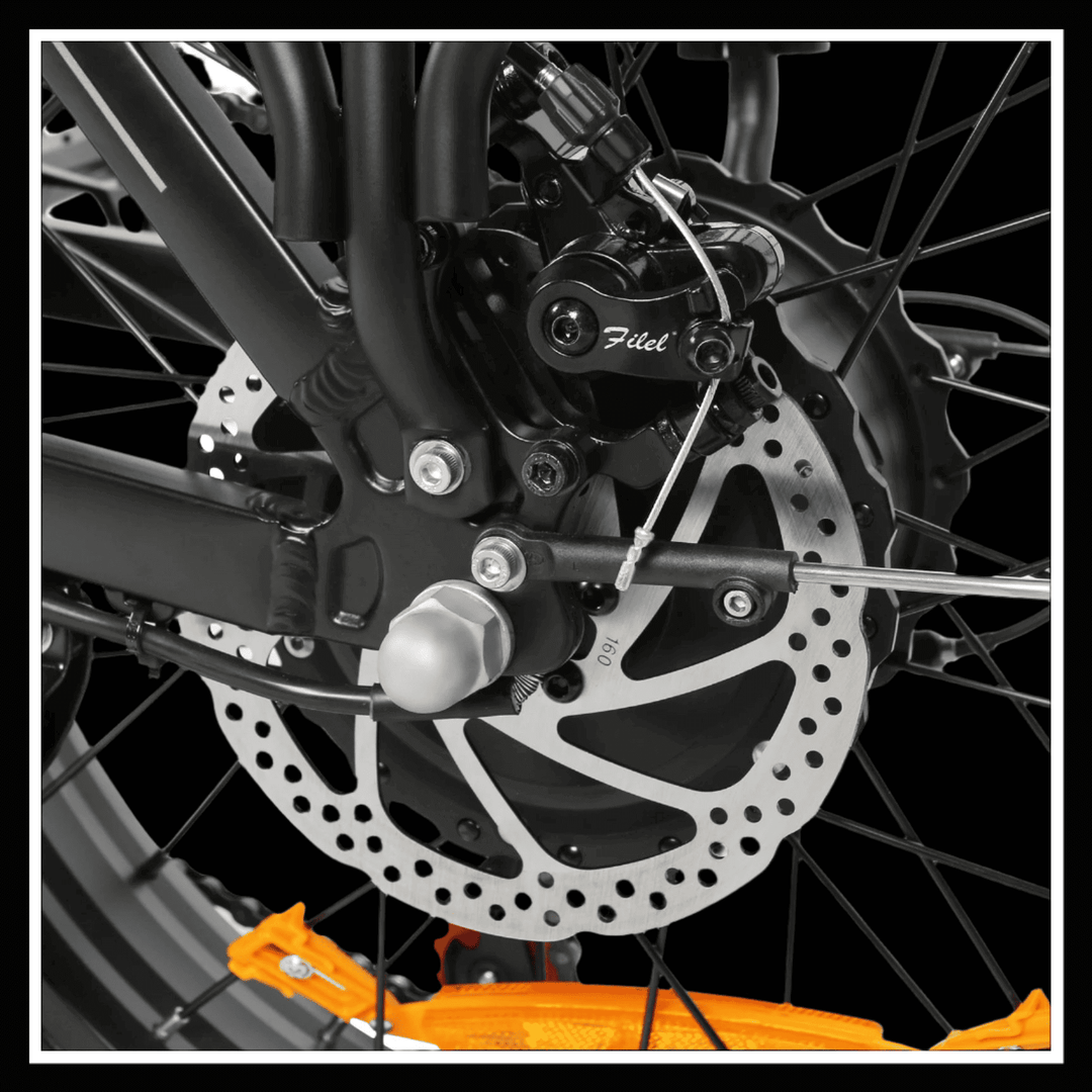 Detailed view of the brake system on the 🇮🇪🇪🇺🇺🇸🇬🇧 SAMEBIKE LOTDM200 II, showcasing its advanced engineering and design.