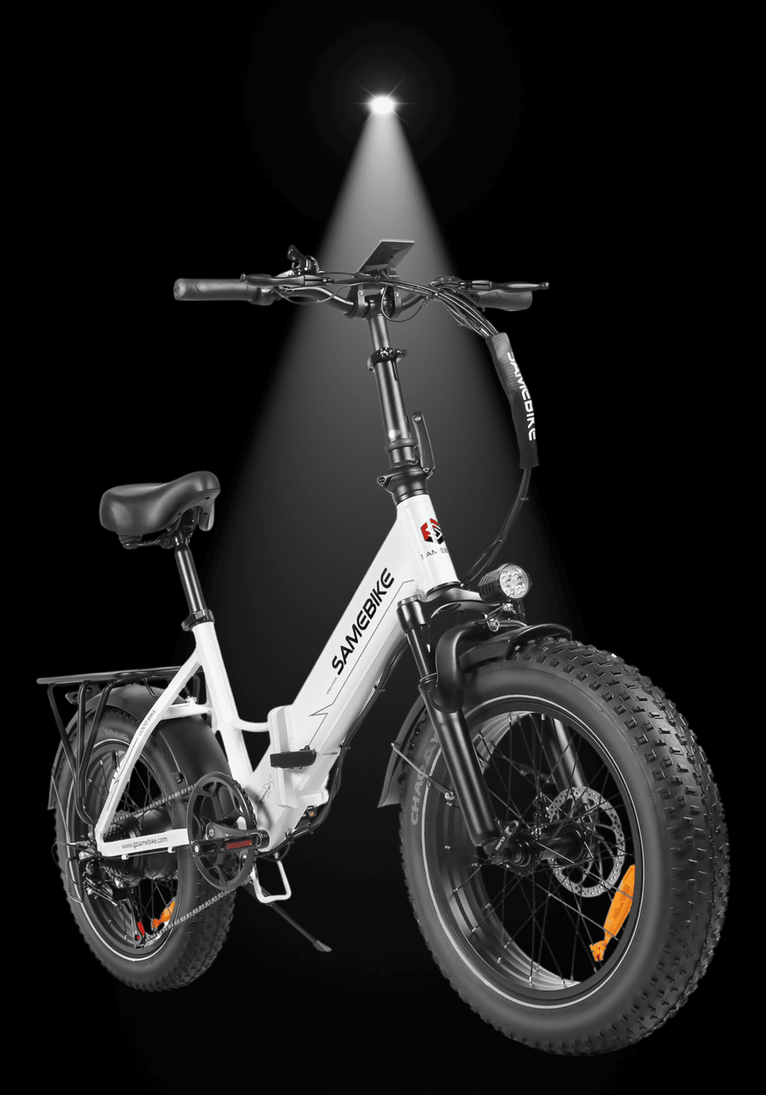 SAMEBIKE LOTDM200 II electric bike featuring a strong fat tire design and stylish white frame under spotlight.