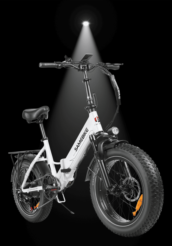 SAMEBIKE LOTDM200 II electric bike featuring a strong fat tire design and stylish white frame under spotlight.