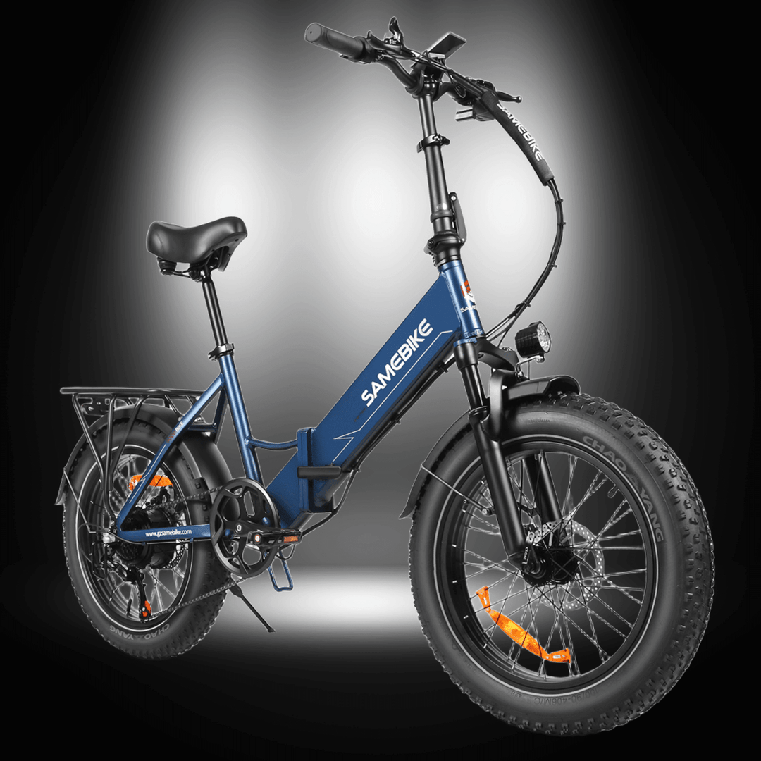 SAMEBIKE LOTDM200 II lightweight folding bike with 750W motor, designed for urban commuting and easy storage.