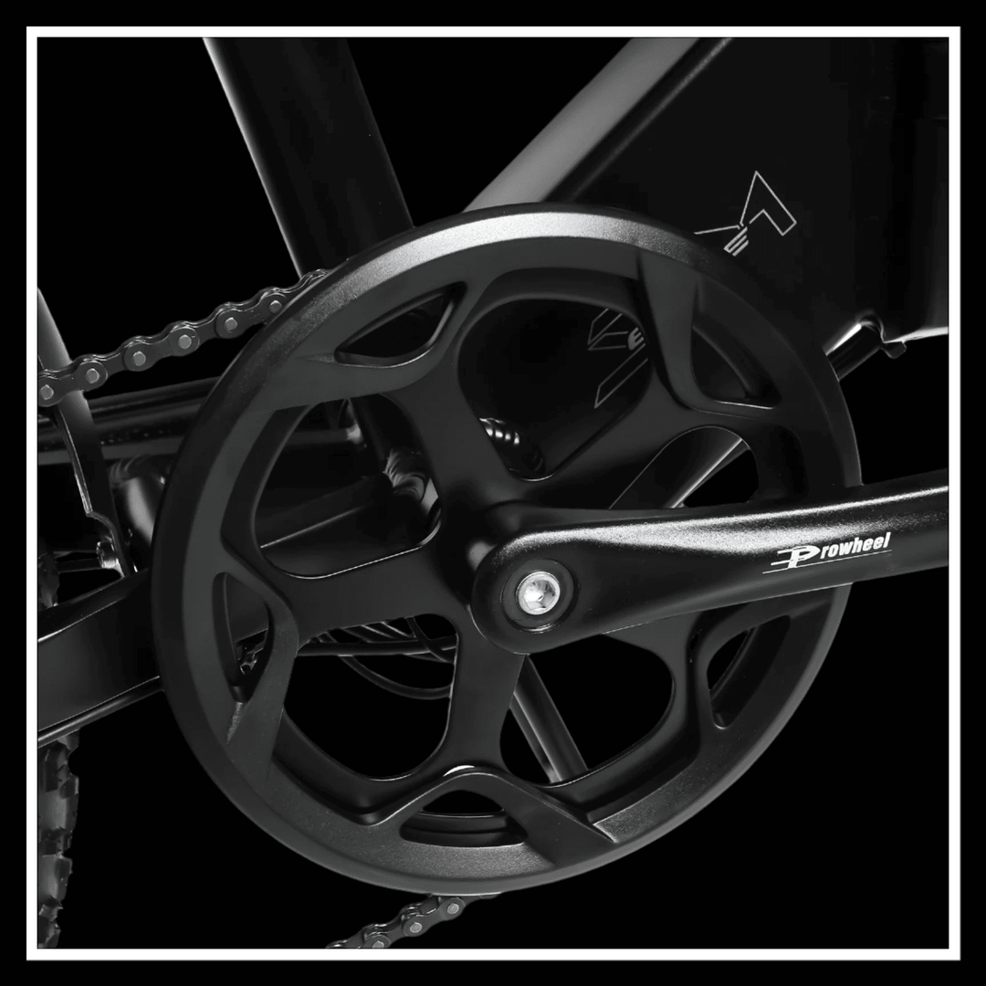 Close-up of SAMEBIKE LOTDM200 II electric bike crankset and chainring for enhanced performance and durability.