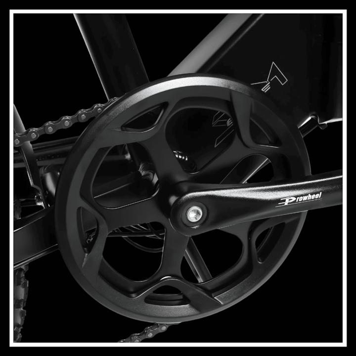 Close-up of SAMEBIKE LOTDM200 II electric bike crankset and chainring for enhanced performance and durability.