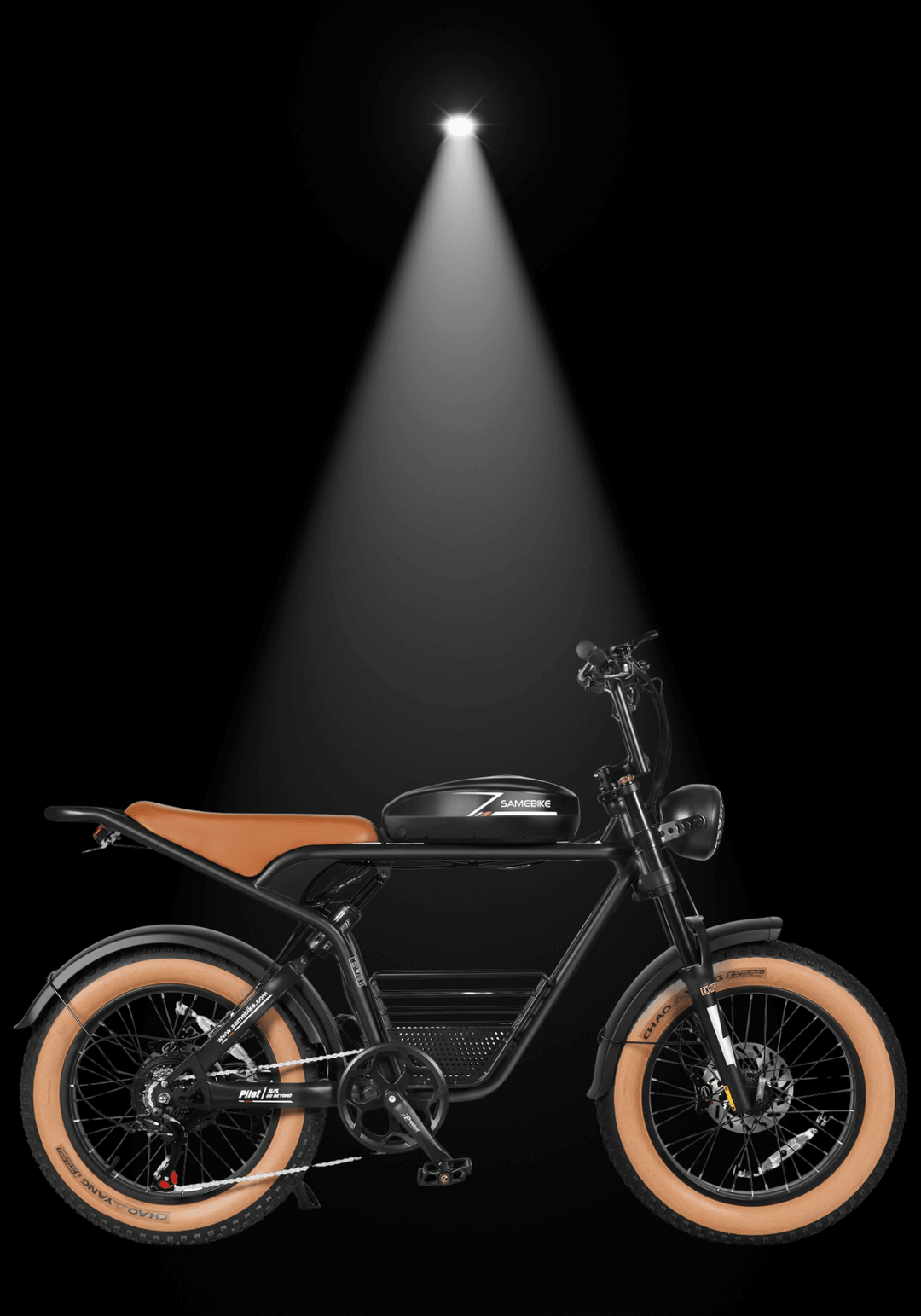 SAMEBIKE M20 ELECTRIC BIKE showcased under spotlight with stylish design and powerful features.