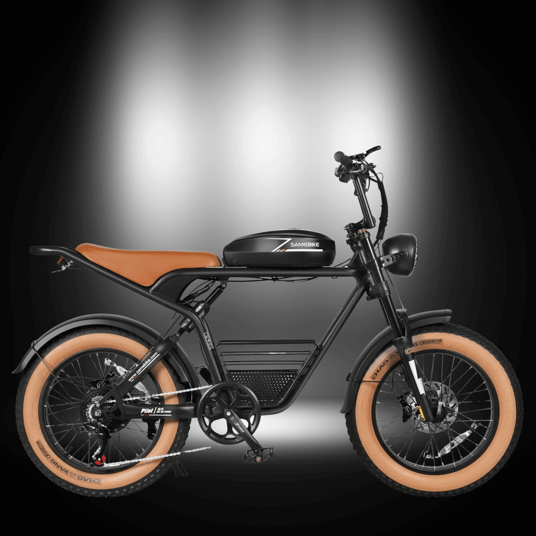 SAMEBIKE M20 ELECTRIC BIKE showcasing its sleek design and functionality with a brown cushioned seat and modern features.
