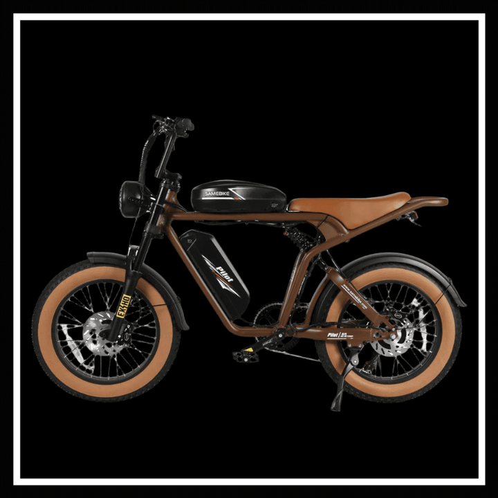 SAMEBIKE M20-III electric bike side view with brown accents and dual motors on a black background.