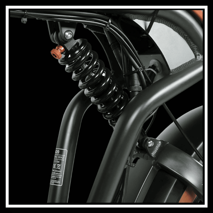 Close-up of the suspension system on the 🇮🇪🇪🇺🇬🇧🇺🇸 SAMEBIKE M20-III electric bike frame, showcasing quality and design.