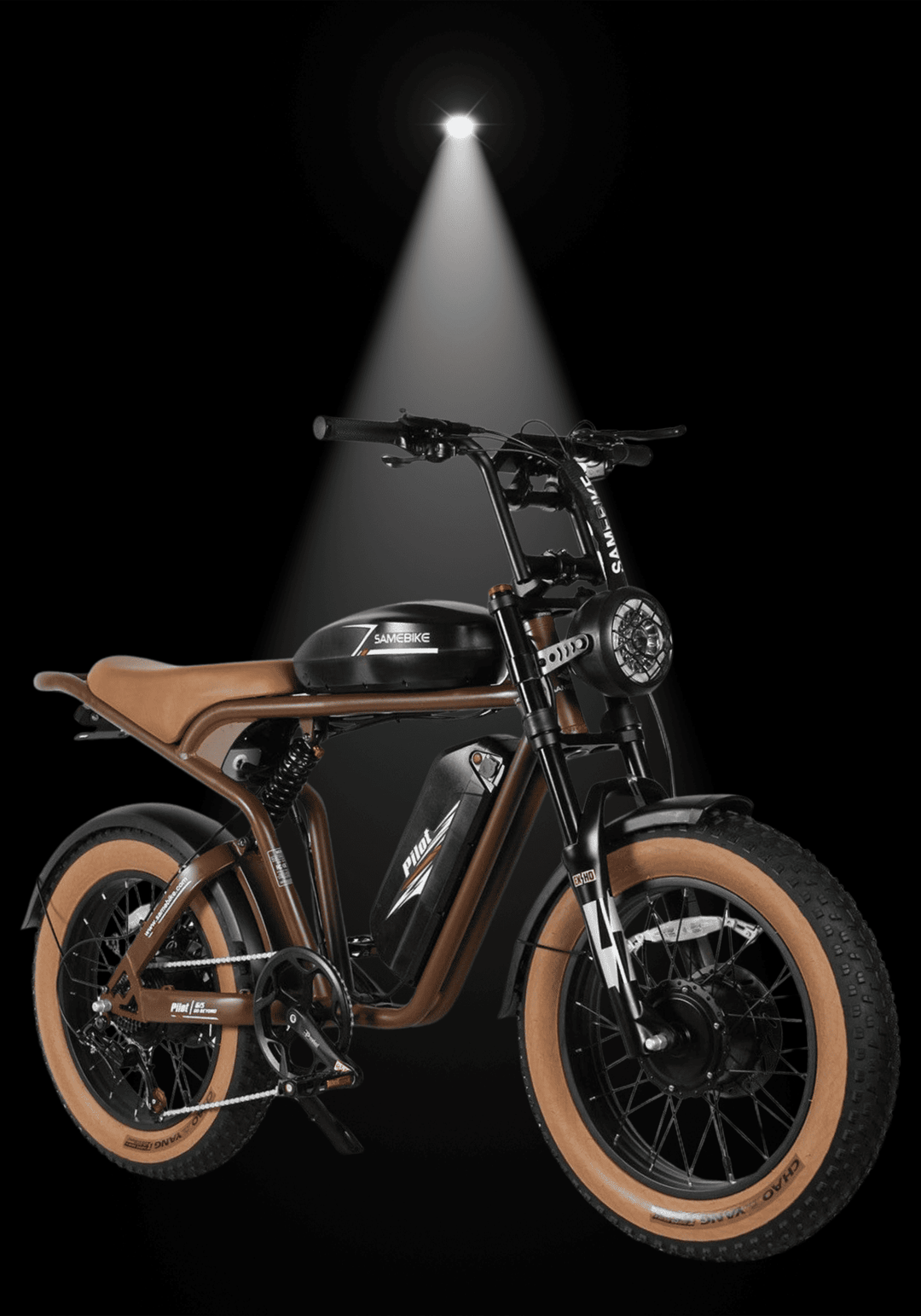 SAMEBIKE M20-III electric bike featuring a stylish design and powerful dual motors under a spotlight.